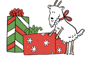 Illustration of Goat standing on some Christmas gifts.
